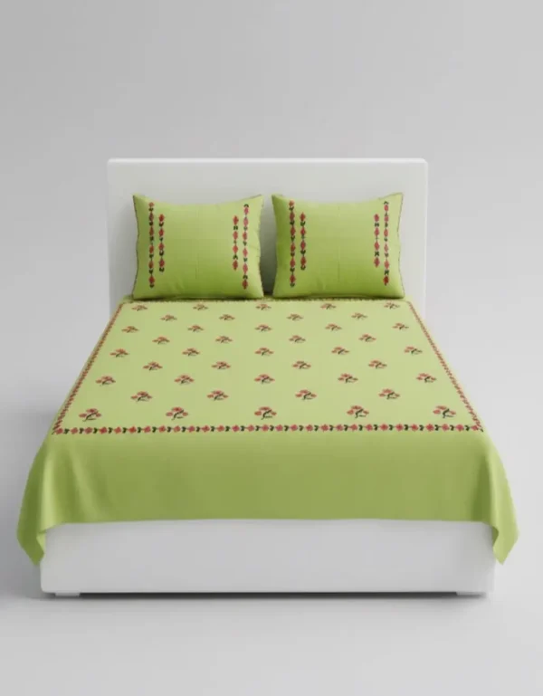 premium parrot green embroidered cotton bedsheet