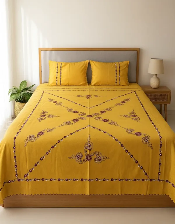 premium mustard yellow embroidered cotton bedsheet