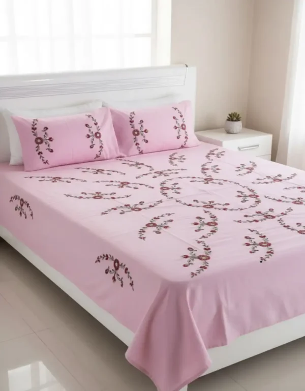 premium pink floral embroidered cotton bedsheet