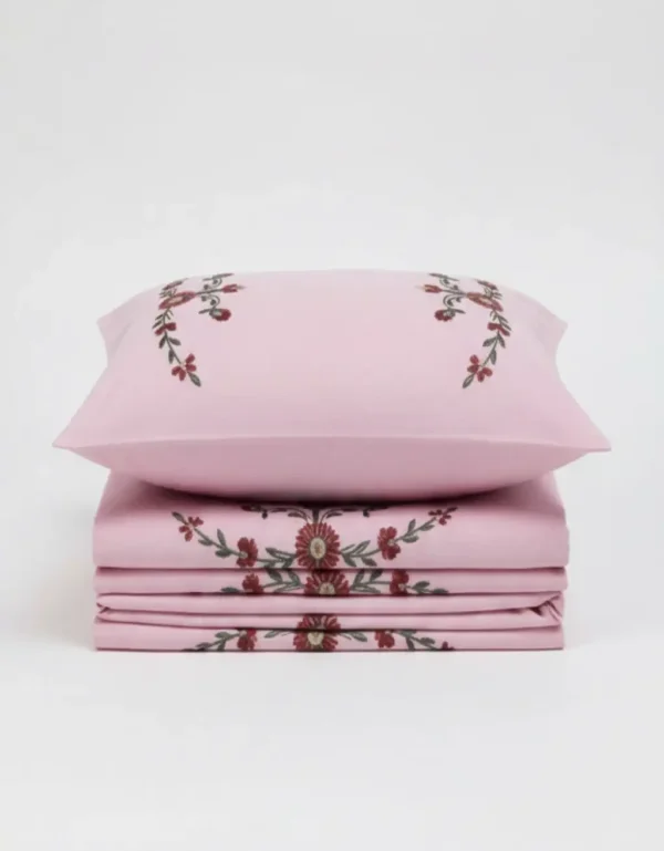 premium pink floral embroidered cotton bedsheet