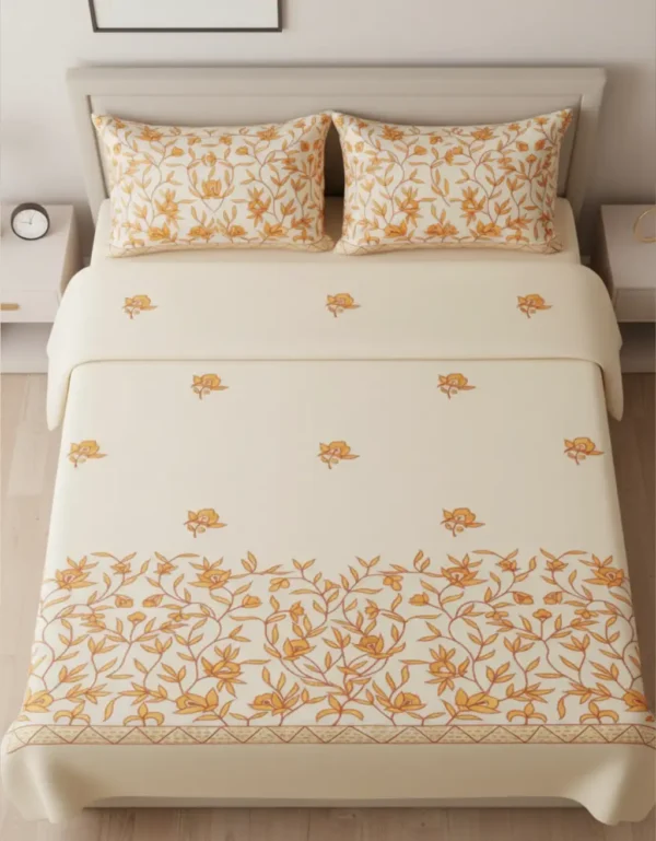 premium ivory yellow embroidered cotton bedsheett