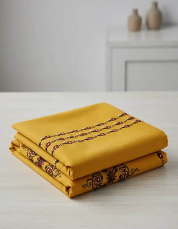 premium mustard yellow embroidered cotton bedsheet