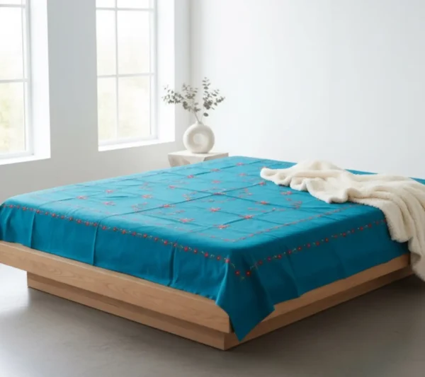 premium blue floral embroidered cotton bedsheet