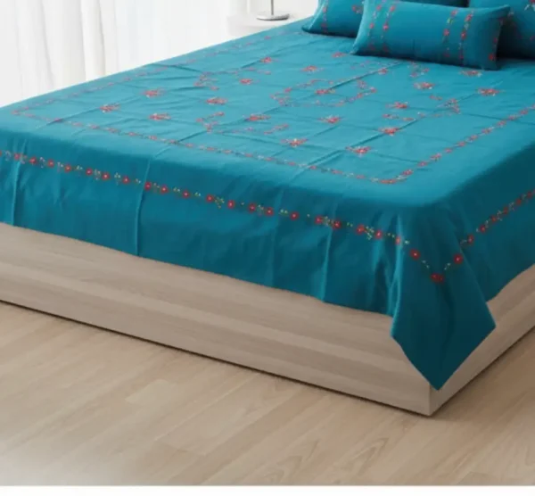 premium blue floral embroidered cotton bedsheet