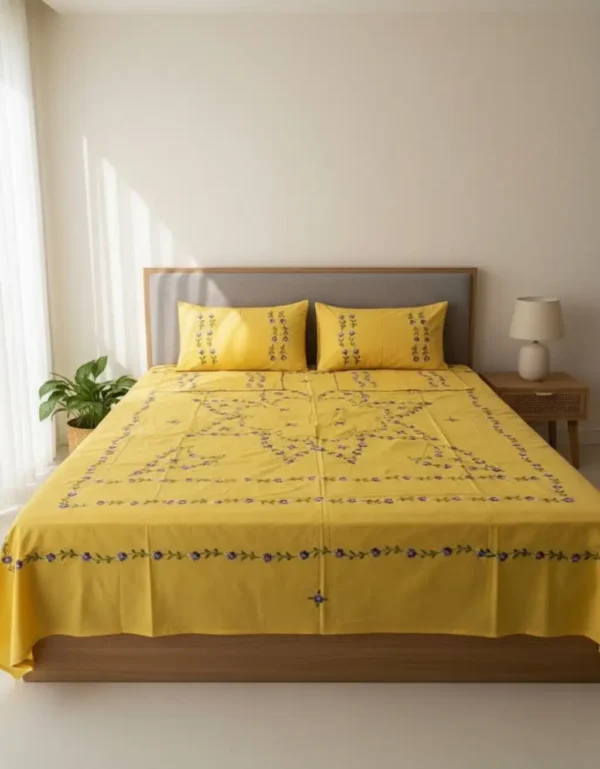 premium yellow cotton embroidered bedsheet