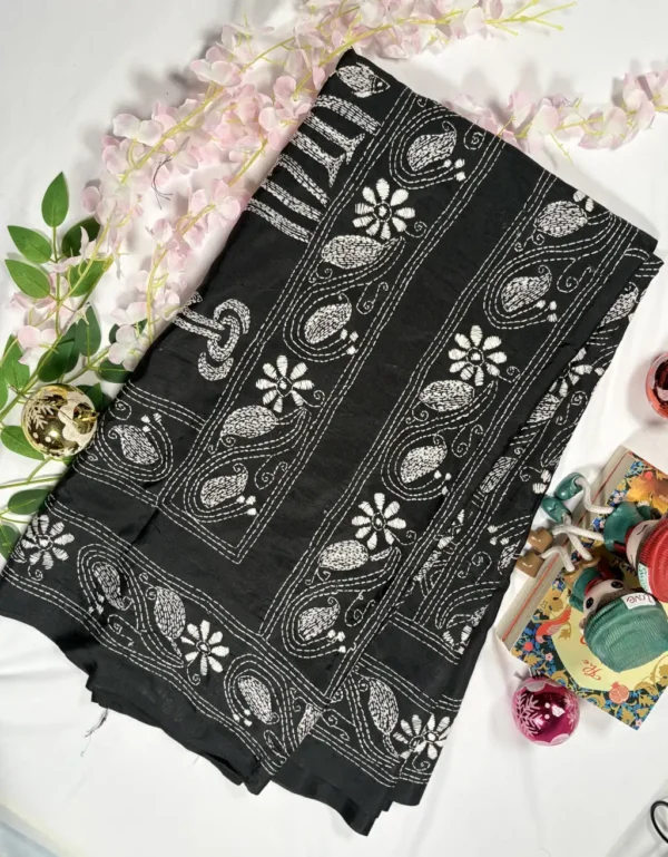 black blended bangalore silk kantha stitch saree