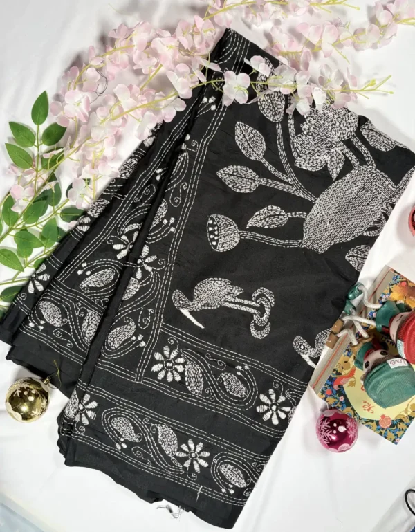 black blended bangalore silk kantha stitch saree