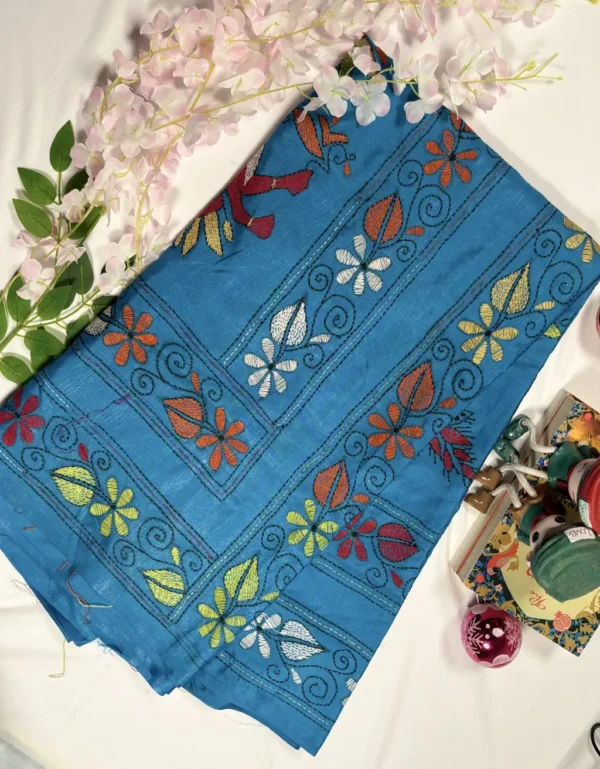 black blended bangalore silk kantha stitch saree