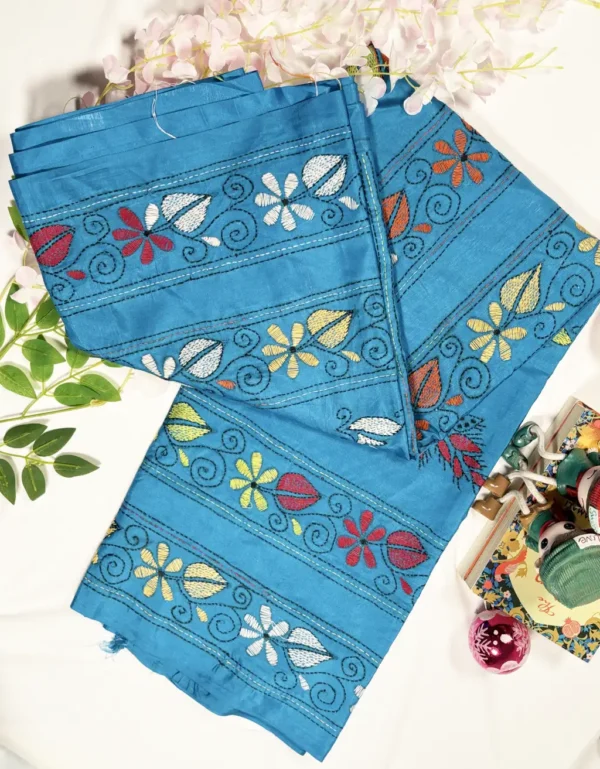 black blended bangalore silk kantha stitch saree