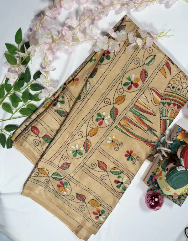 black blended bangalore silk kantha stitch saree