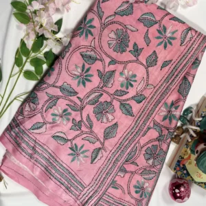 black blended bangalore silk kantha stitch saree