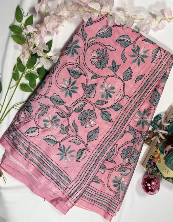 black blended bangalore silk kantha stitch saree