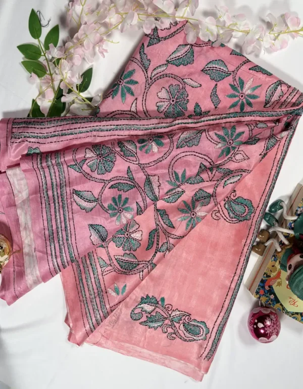 black blended bangalore silk kantha stitch saree