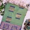 mint green baluchori silk saree with royal blue dancing motif border