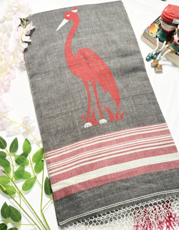 grey cotton handloom saree with bird embroidery & contrast pallu