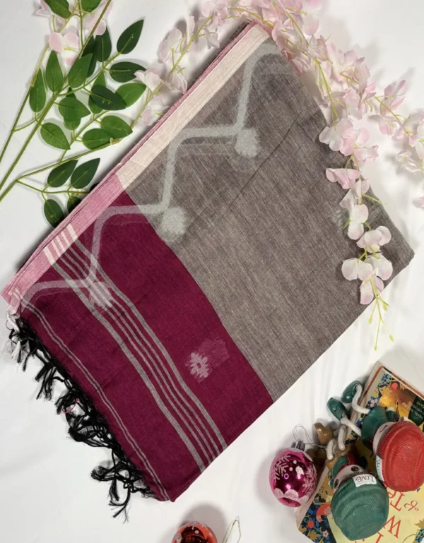 classic maroon–grey handloom saree with ikat style patterns