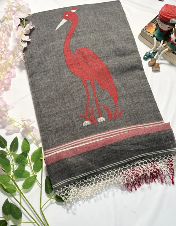grey cotton handloom saree with bird embroidery & contrast pallu