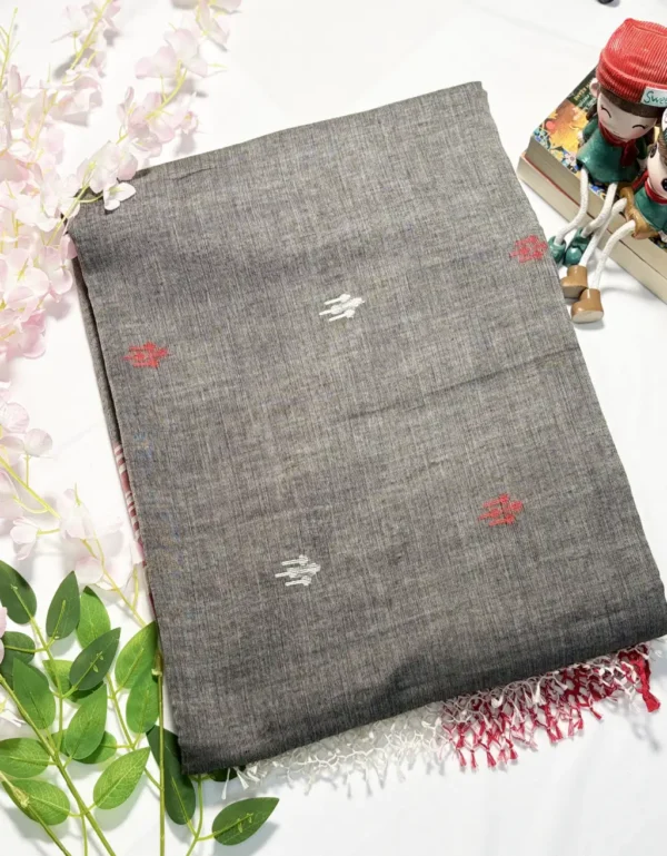 grey cotton handloom saree with bird embroidery & contrast pallu