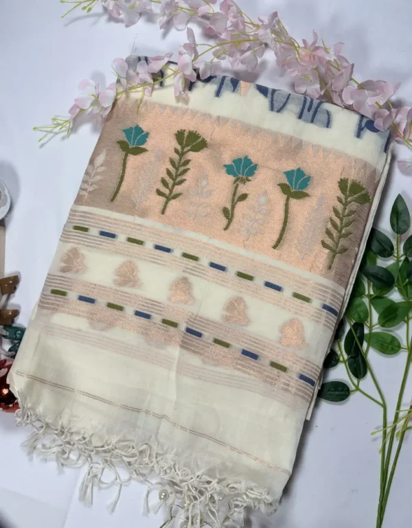 ivory cotton paithani saree with handwoven floral border