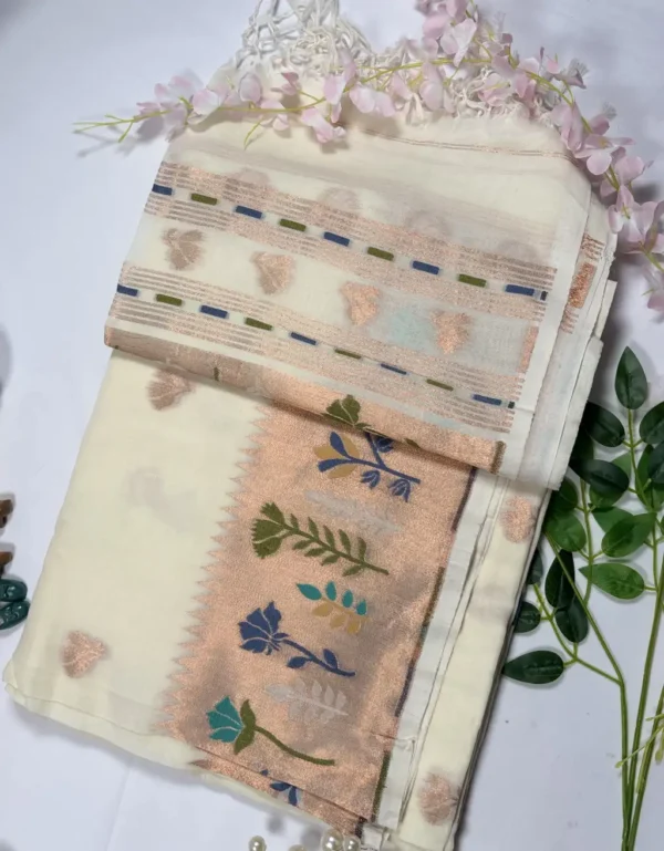 ivory cotton paithani saree with handwoven floral border