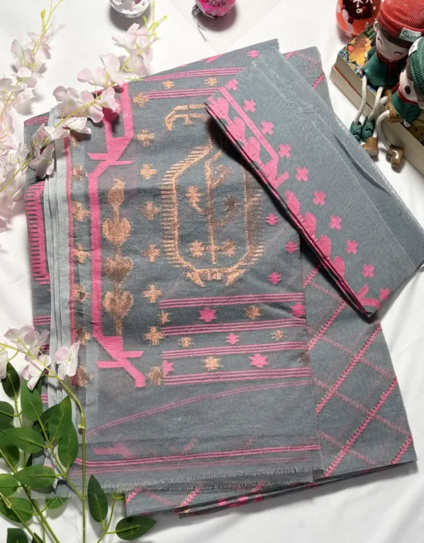 elegant grey & pink bengal jamdani cotton saree