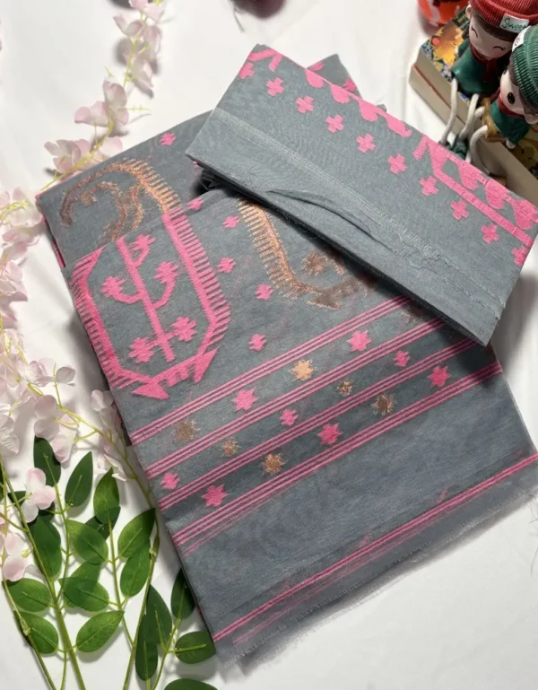 elegant grey & pink bengal jamdani cotton saree