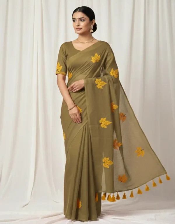 leaf embdry olive saree