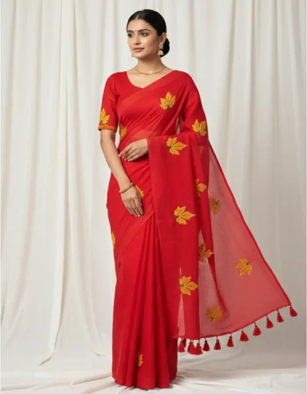 leaf embdry saree red