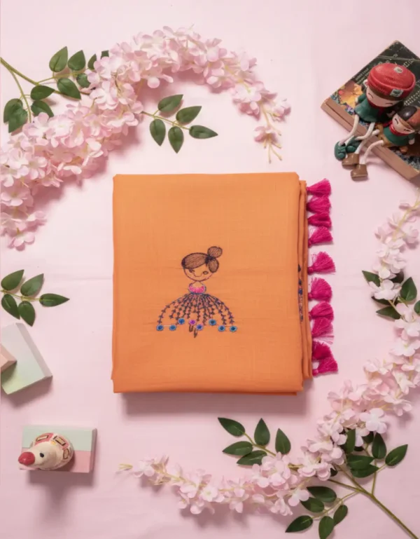 premium mul cotton doll embroidery saree dual shade