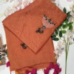 rust brown mul/mal cotton kantha embroidered saree with tassels