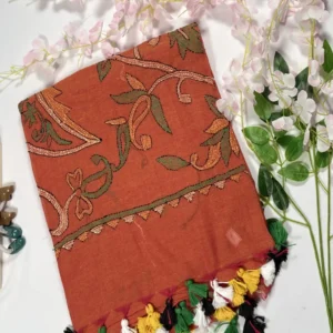rust brown mul/mal cotton kantha embroidered saree with tassels