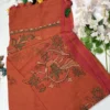 rust brown mul/mal cotton kantha embroidered saree with tassels
