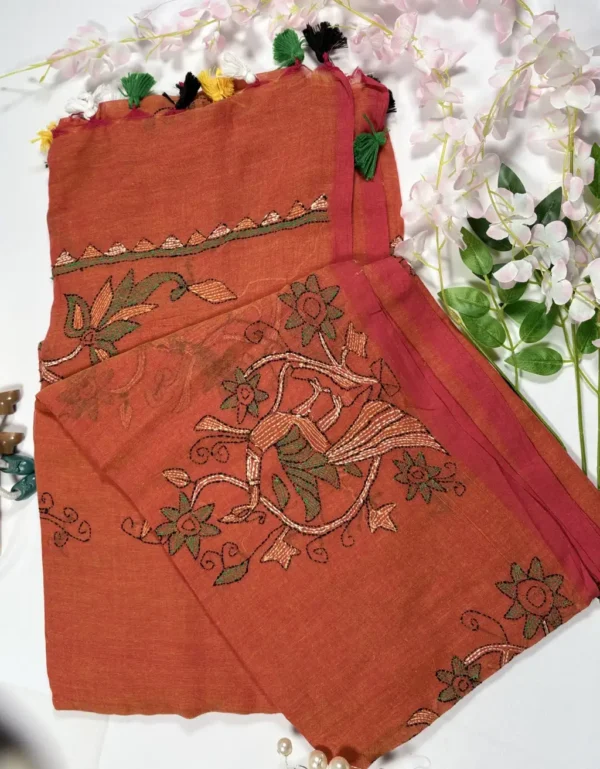 rust brown mul/mal cotton kantha embroidered saree with tassels