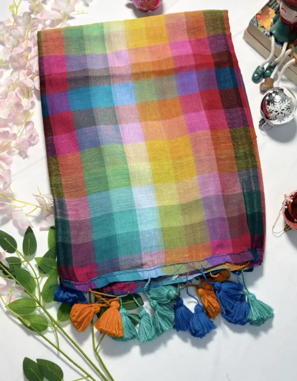 cream & red resham check parshi work embroidered saree (copy)