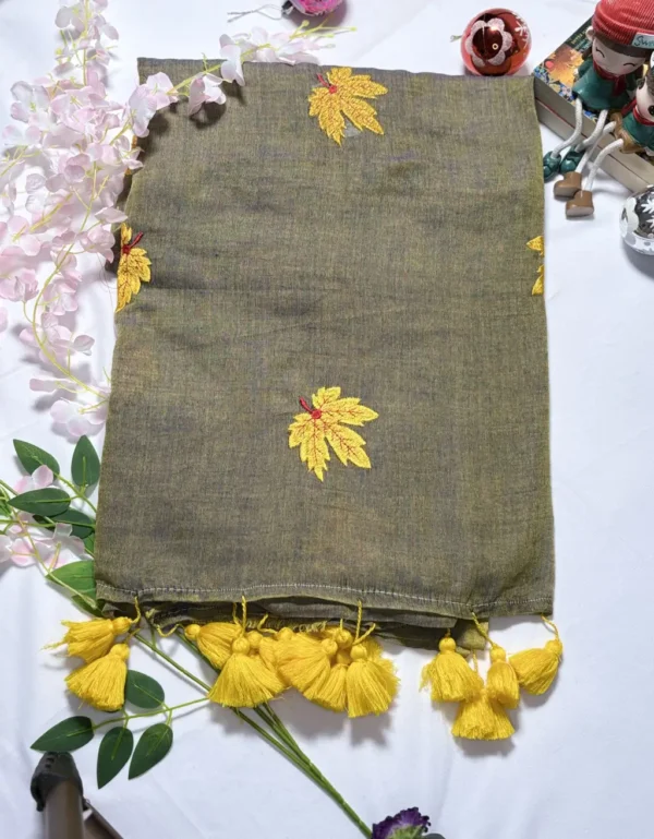 autumn leaf hand embroidered mul cotton saree