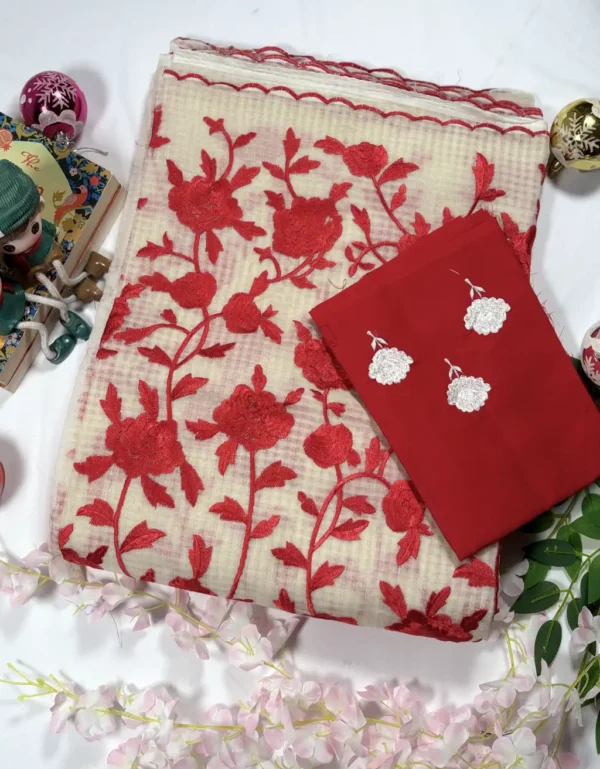 premium resham & parshi work saree with matching red blouse