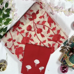 premium resham & parshi work saree with matching red blouse