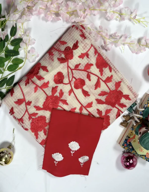 premium resham & parshi work saree with matching red blouse