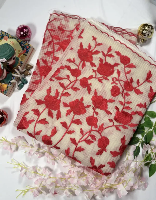 premium resham & parshi work saree with matching red blouse