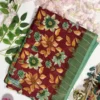 soft slab linen saree with artistic floral motifs & tassels