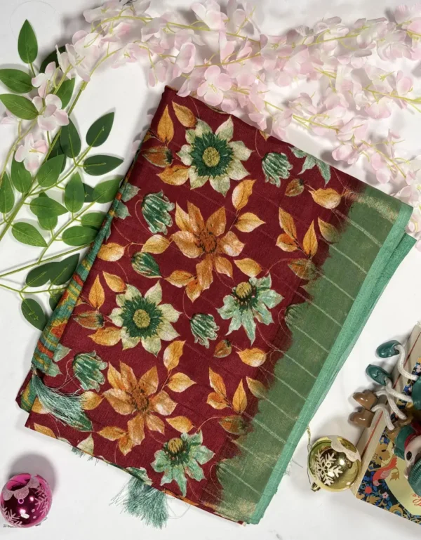 soft slab linen saree with artistic floral motifs & tassels
