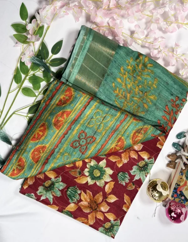 soft slab linen saree with artistic floral motifs & tassels