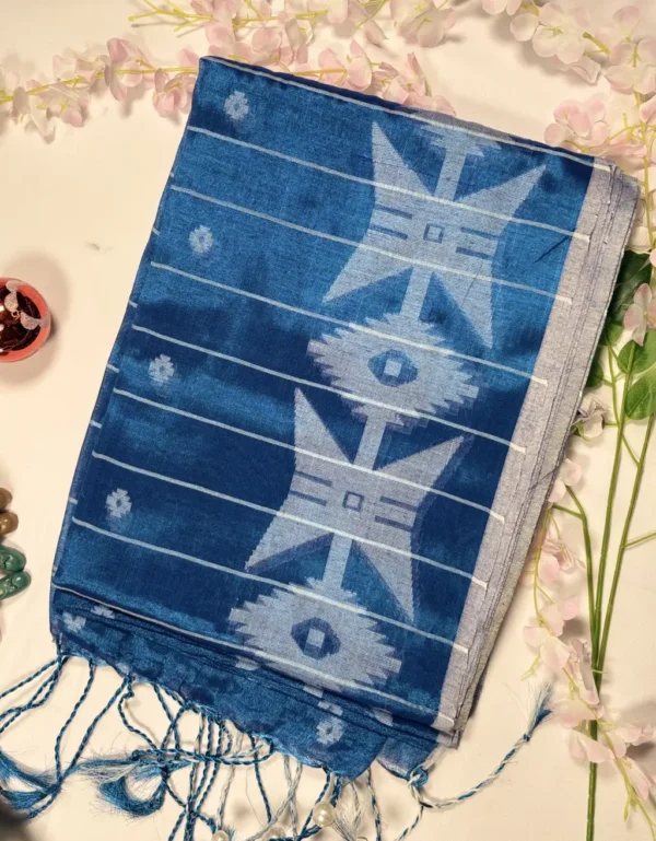 indigo blue tissue jamdani saree with handwoven geometric motifs