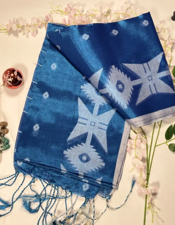 indigo blue tissue jamdani saree with handwoven geometric motifs