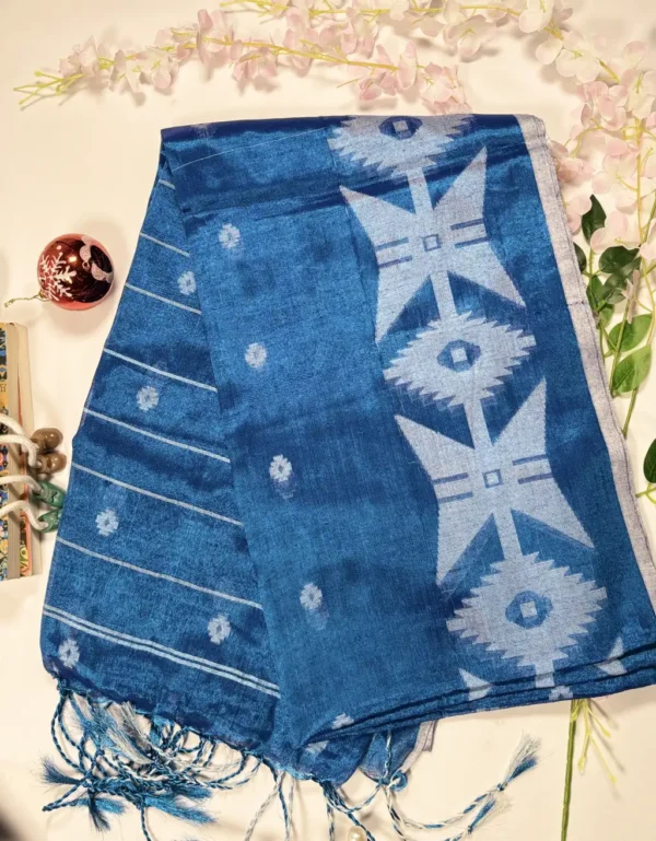 indigo blue tissue jamdani saree with handwoven geometric motifs