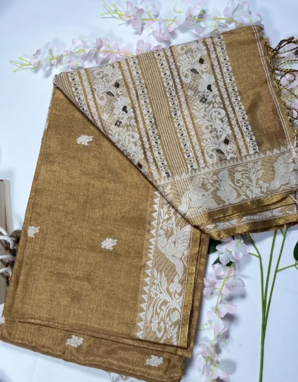 elegant golden tissue saree with cotton aanchal & woven border