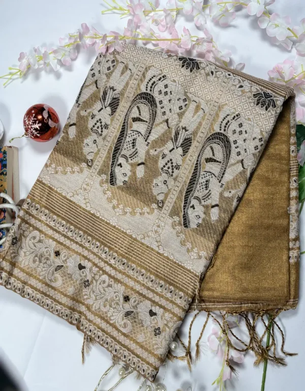 elegant golden tissue saree with cotton aanchal & woven border