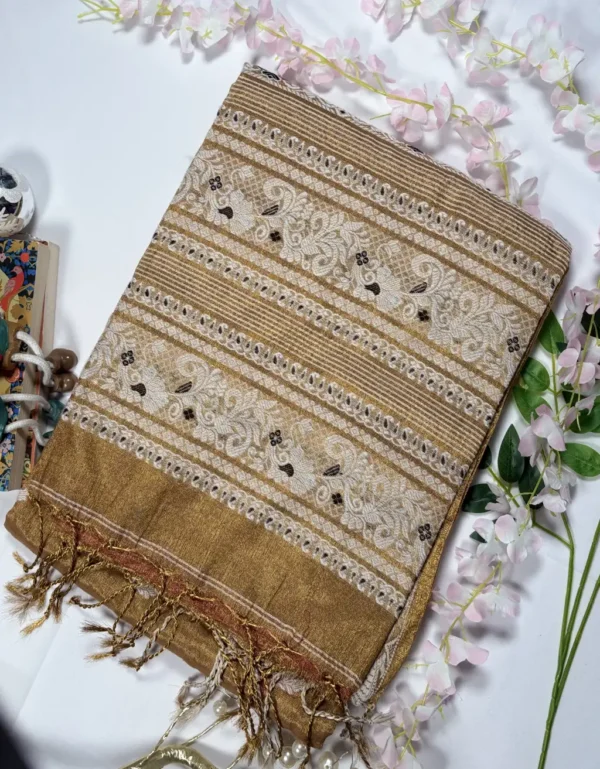 elegant golden tissue saree with cotton aanchal & woven border